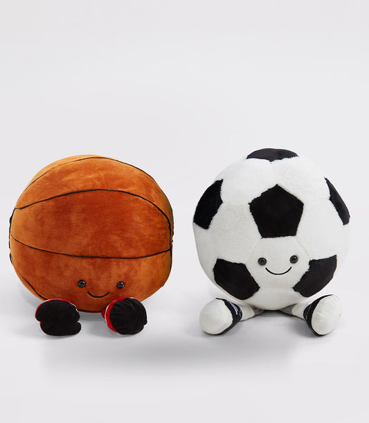 Adorable basketball and soccer ball plush toys with embroidered faces and feet, perfect for kids' gifting