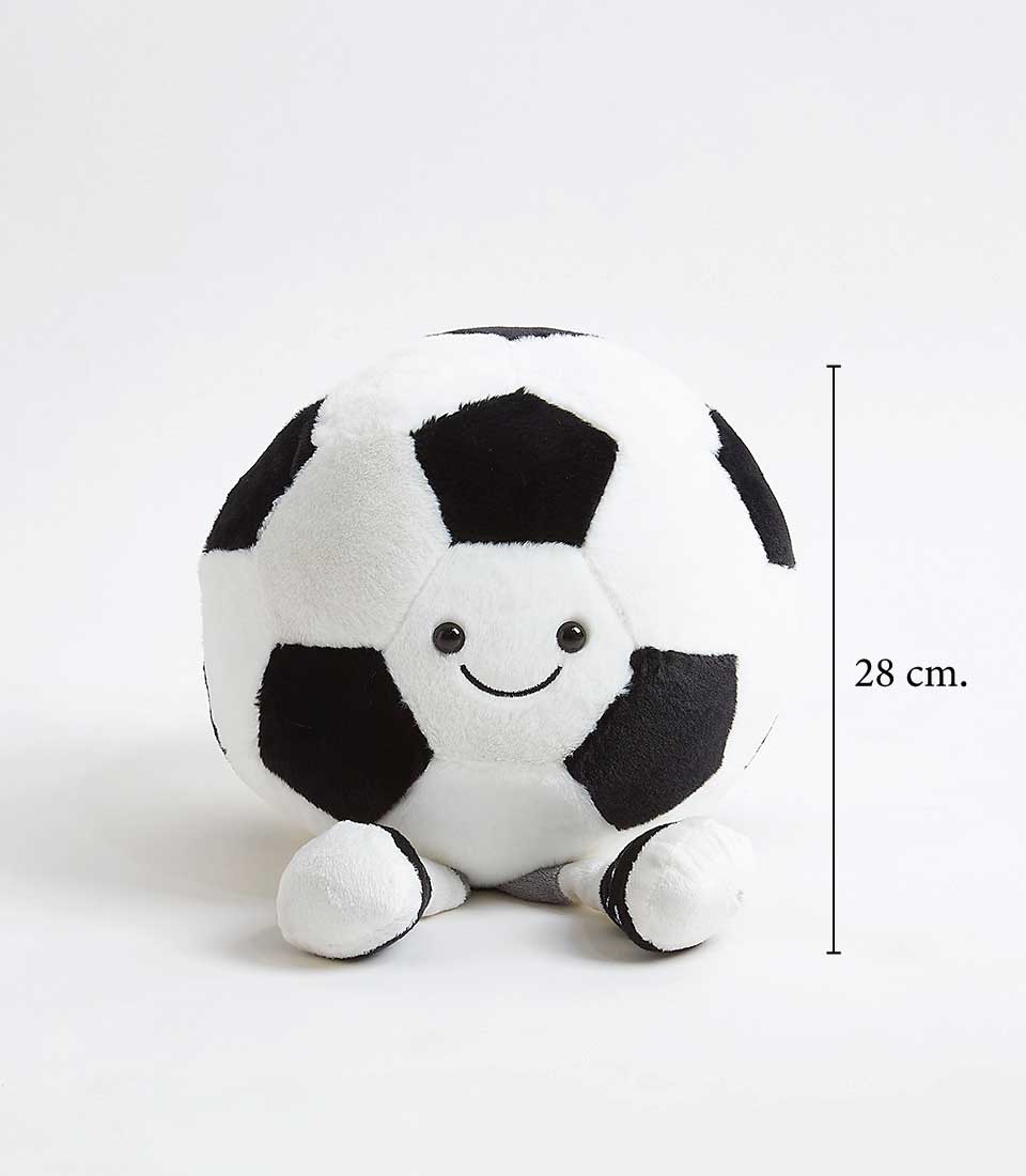 Soft plush soccer ball toy with friendly face, black and white design, 28cm height