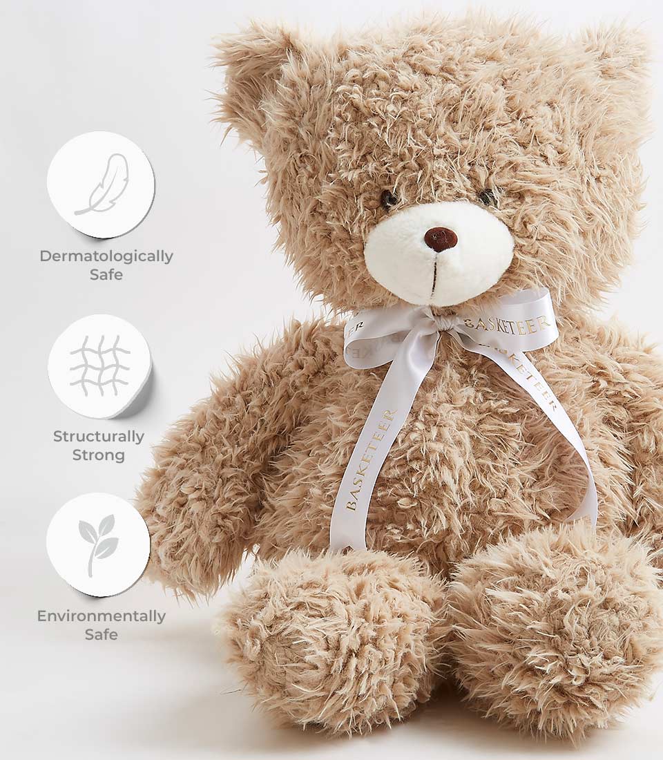 Fluffy light brown teddy bear with satin ribbon bow, dermatologically safe soft toy for babies and kids
