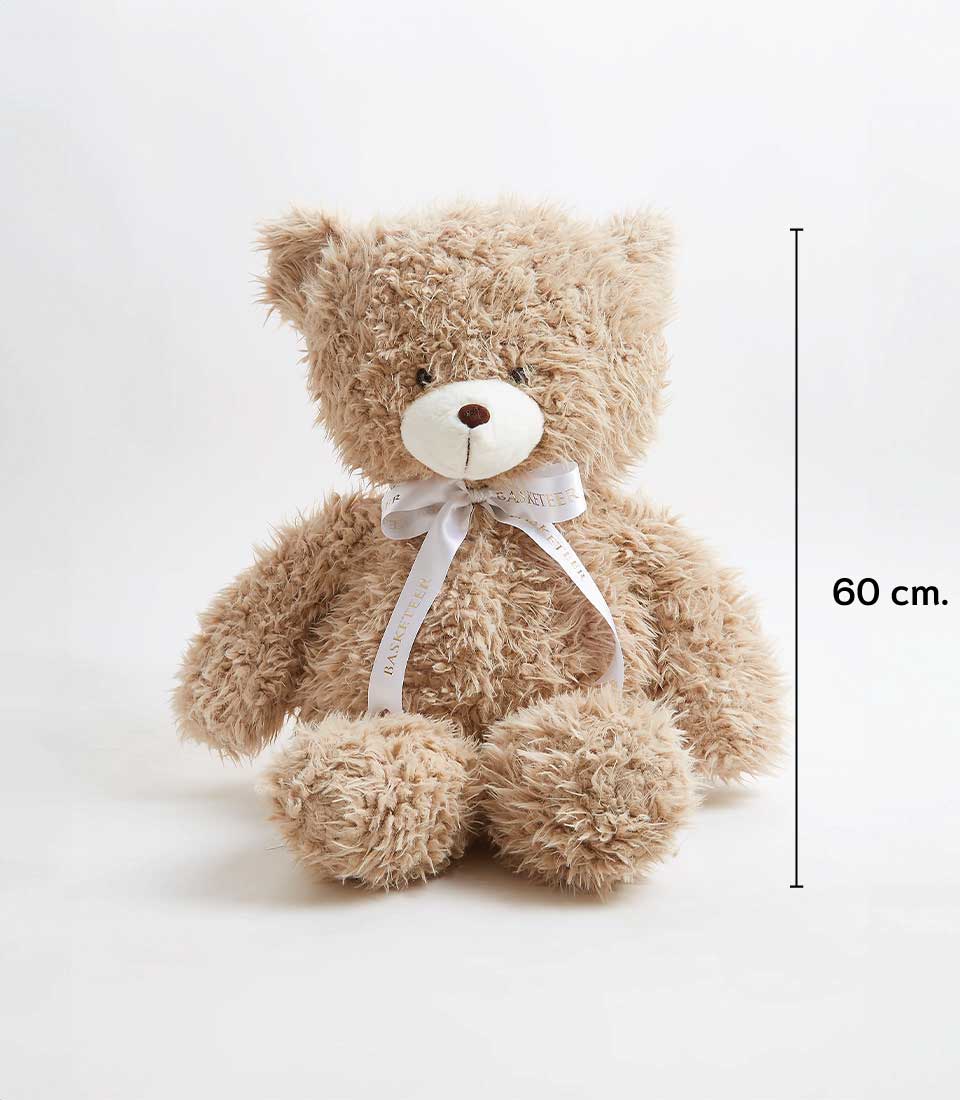Cuddly light brown teddy bear with white satin ribbon bow, 60cm soft toy for kids