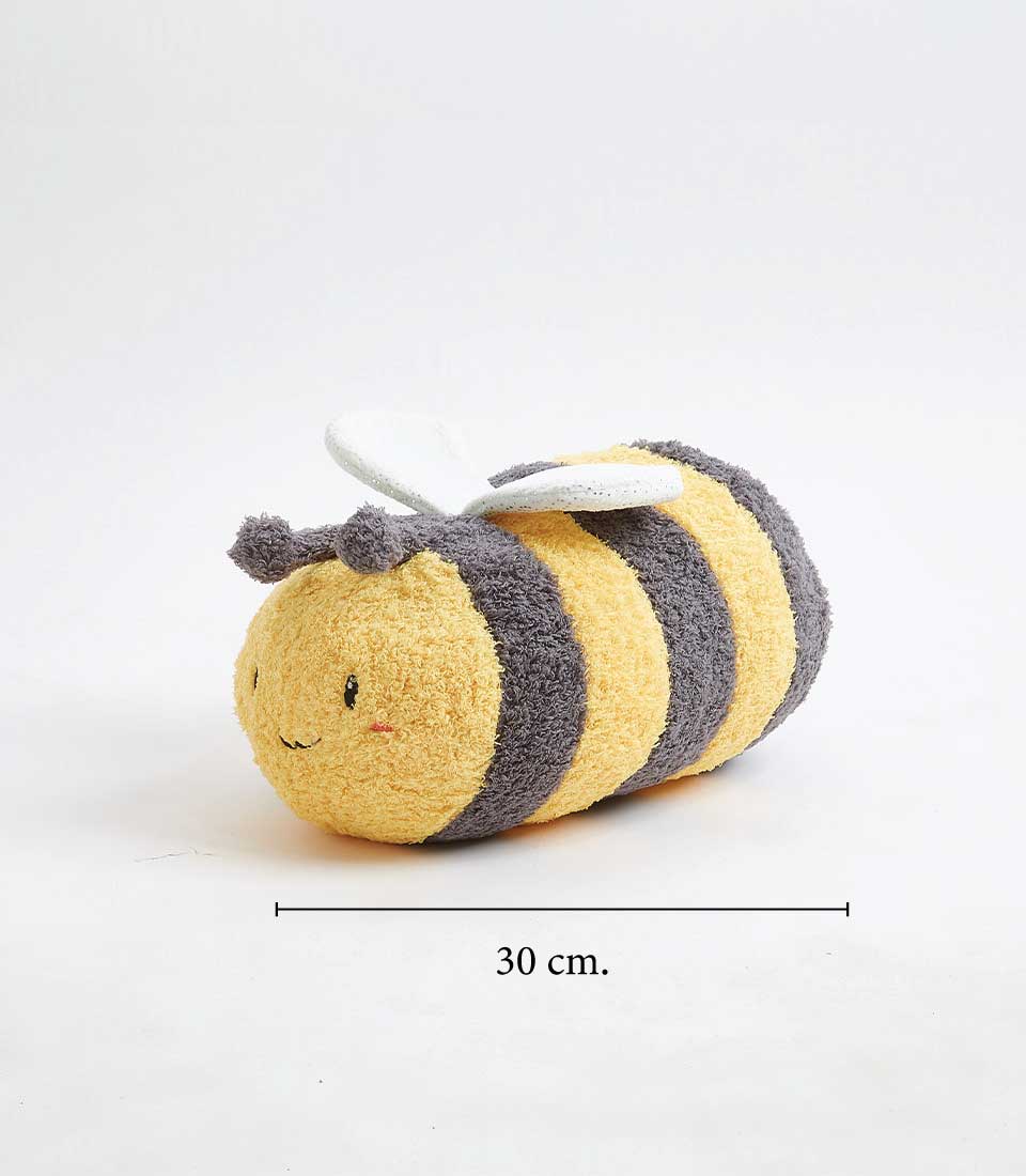 Yellow and gray striped plush bee toy with embroidered smile and glittery wings, 30cm