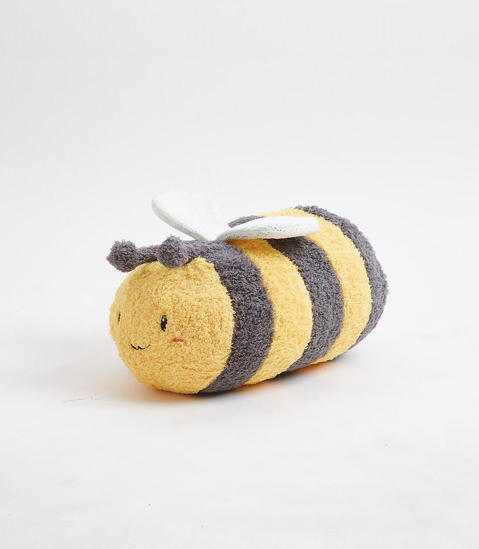 Soft yellow and grey plush bumblebee toy with embroidered smile and iridescent wings