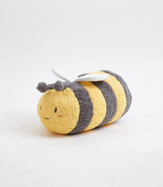 Soft yellow and grey plush bumblebee toy with embroidered smile and iridescent wings