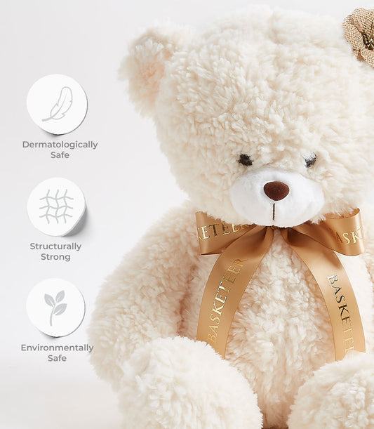Cream fluffy teddy bear with golden satin ribbon bow, dermatologically safe soft toy gift