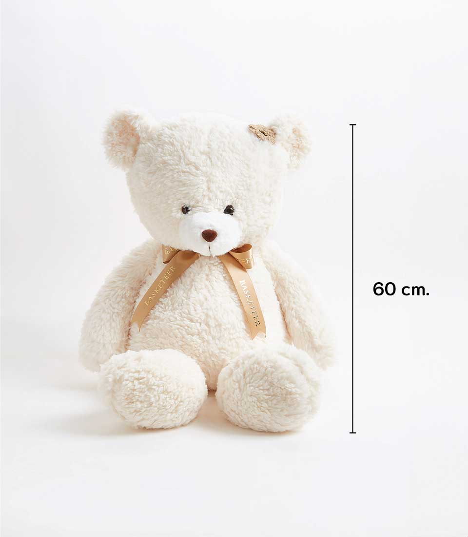 Fluffy cream plush teddy bear with golden ribbon, 60cm tall soft toy for kids