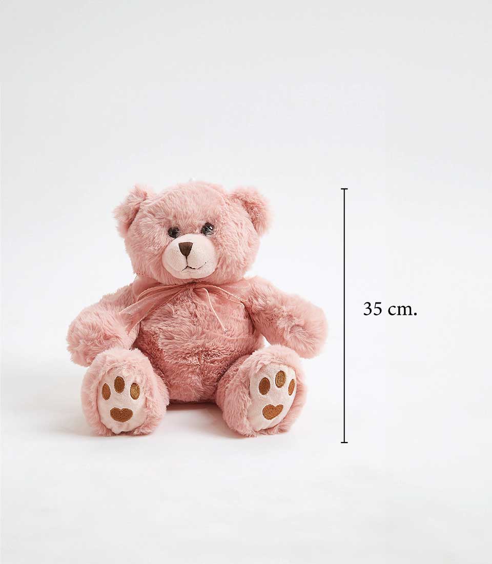 Soft pink plush teddy bear with ribbon bow, 35 cm tall, perfect for kids and babies