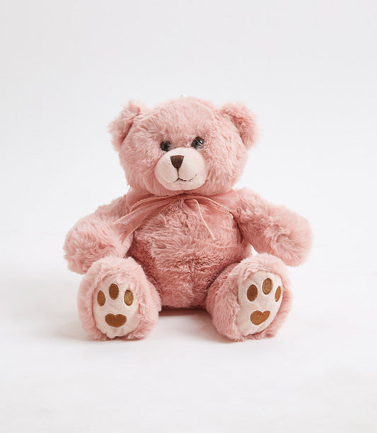 Soft pink plush teddy bear 35 cm with ribbon bow and embroidered paw prints