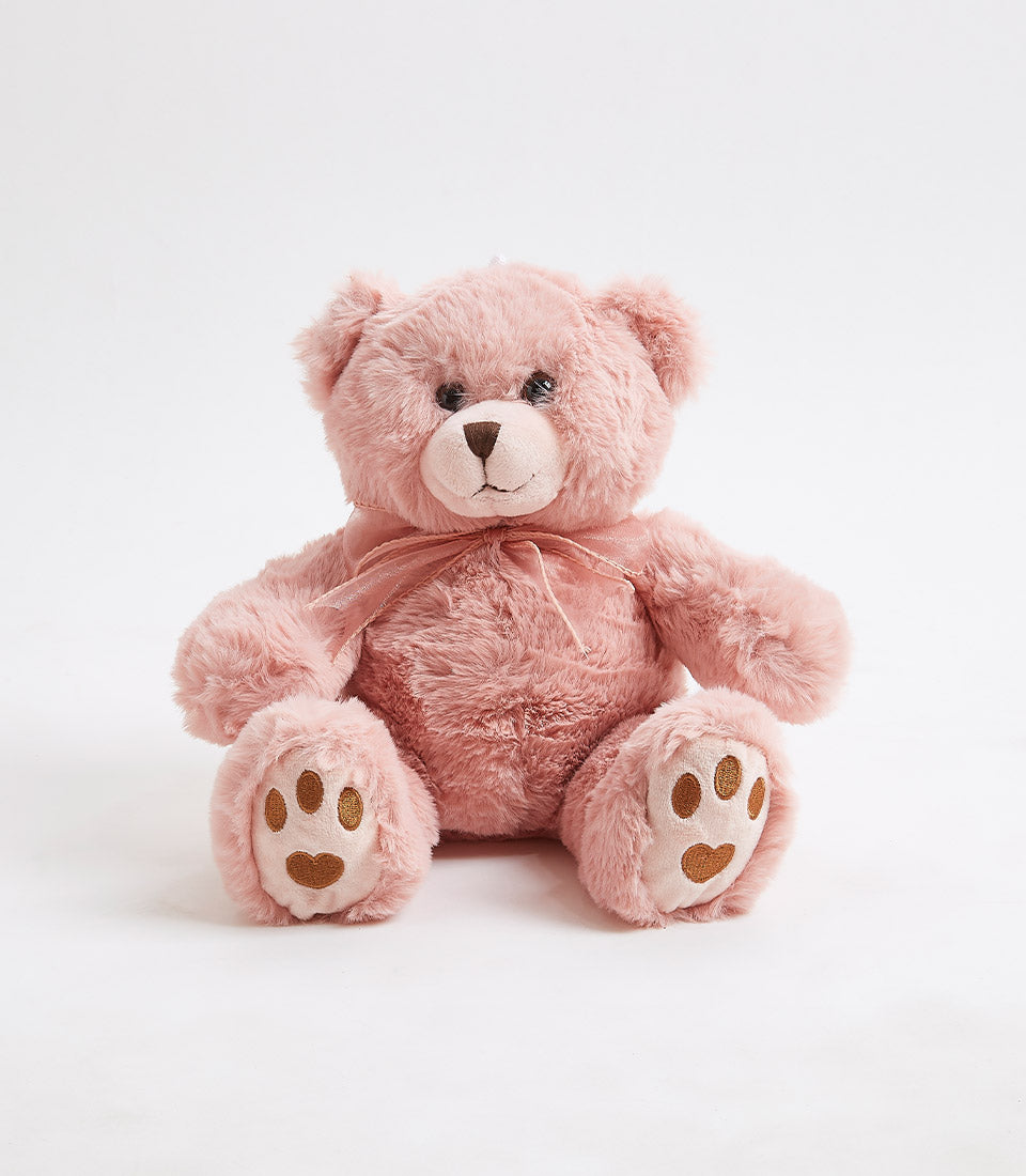 Soft pink plush teddy bear with shimmery ribbon bow and embroidered paw details