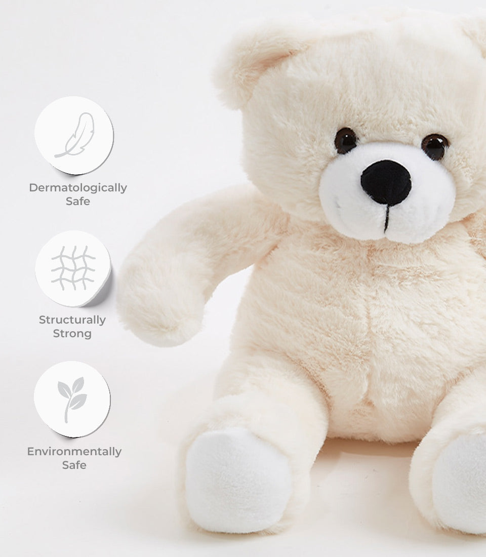Creamy white soft plush teddy bear with dermatologically safe, structurally strong, and environmentally safe features