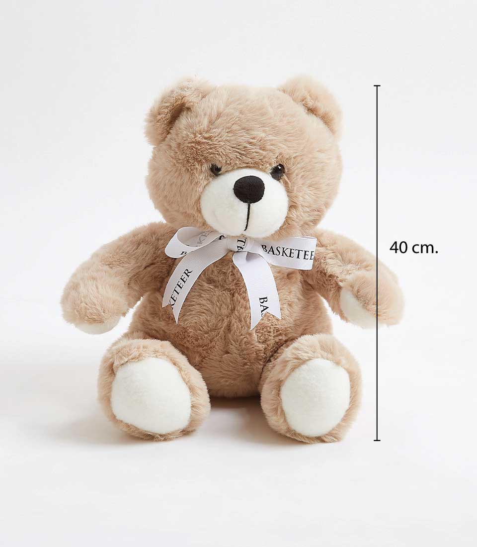 Tan plush teddy bear with white paw accents and ribbon bow, 40cm soft toy for gift hampers