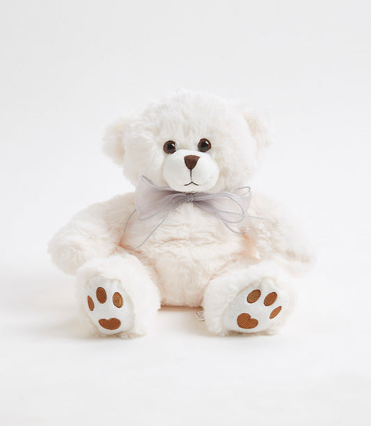 Fluffy white plush teddy bear with grey silk ribbon bow, 35 cm soft toy gift add-on