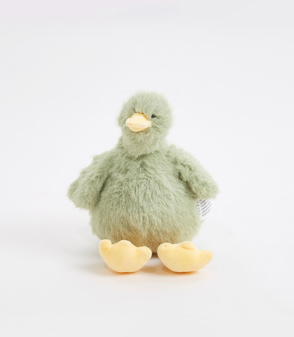 Pastel green plush duck toy with detachable yellow feet, perfect for babies and toddlers