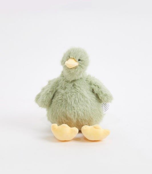 Pastel green plush duck toy with detachable yellow feet, perfect for babies and toddlers