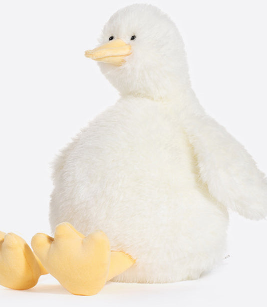 Fluffy white plush duck toy with yellow beak and feet for babies and kids