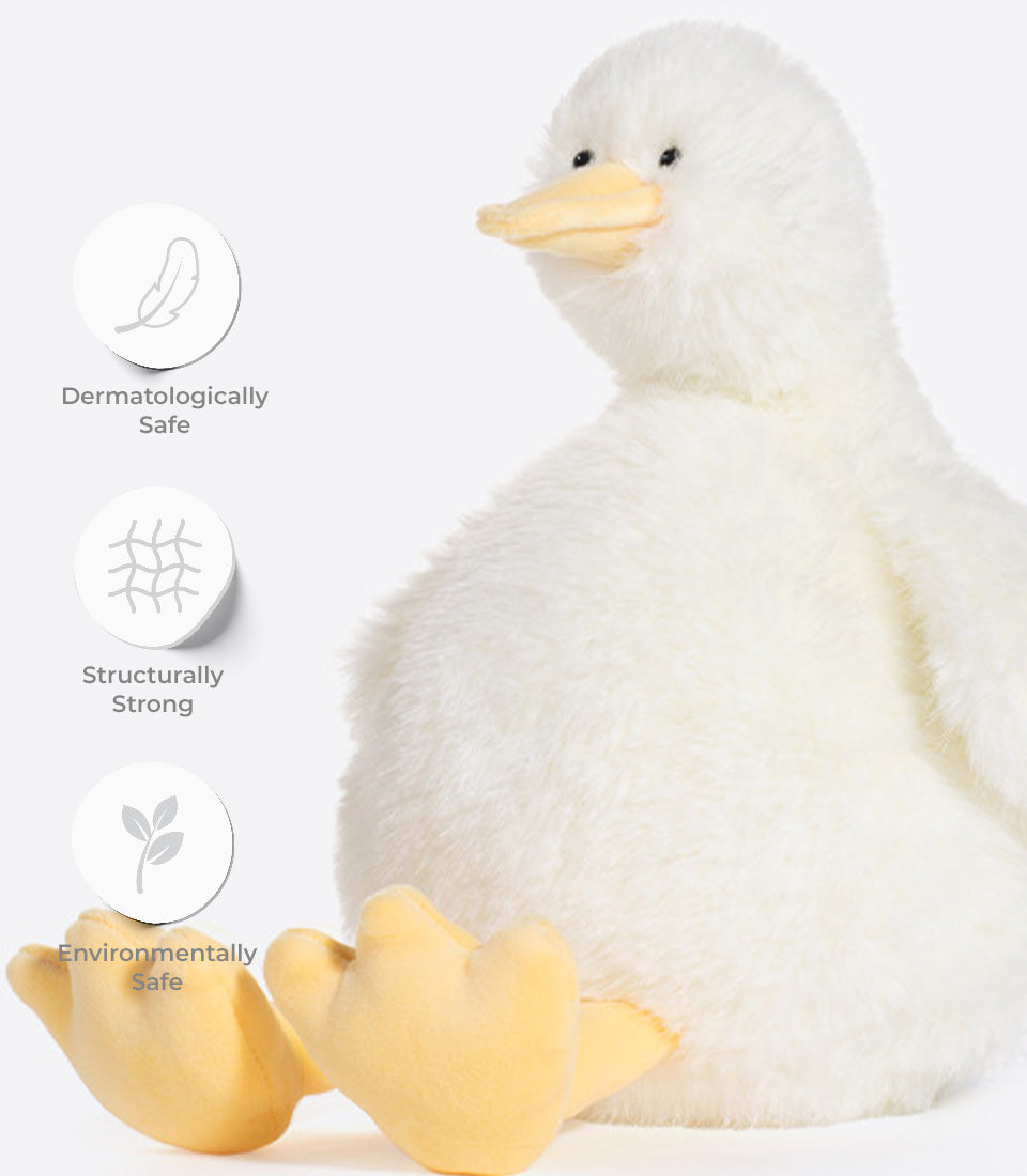 Soft white plush duck toy with yellow beak and feet, dermatologically safe for babies and kids
