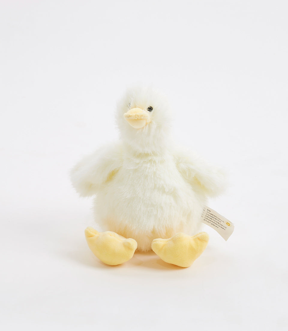 Fluffy yellow duck plush toy with soft white fur and webbed feet, ideal baby gift