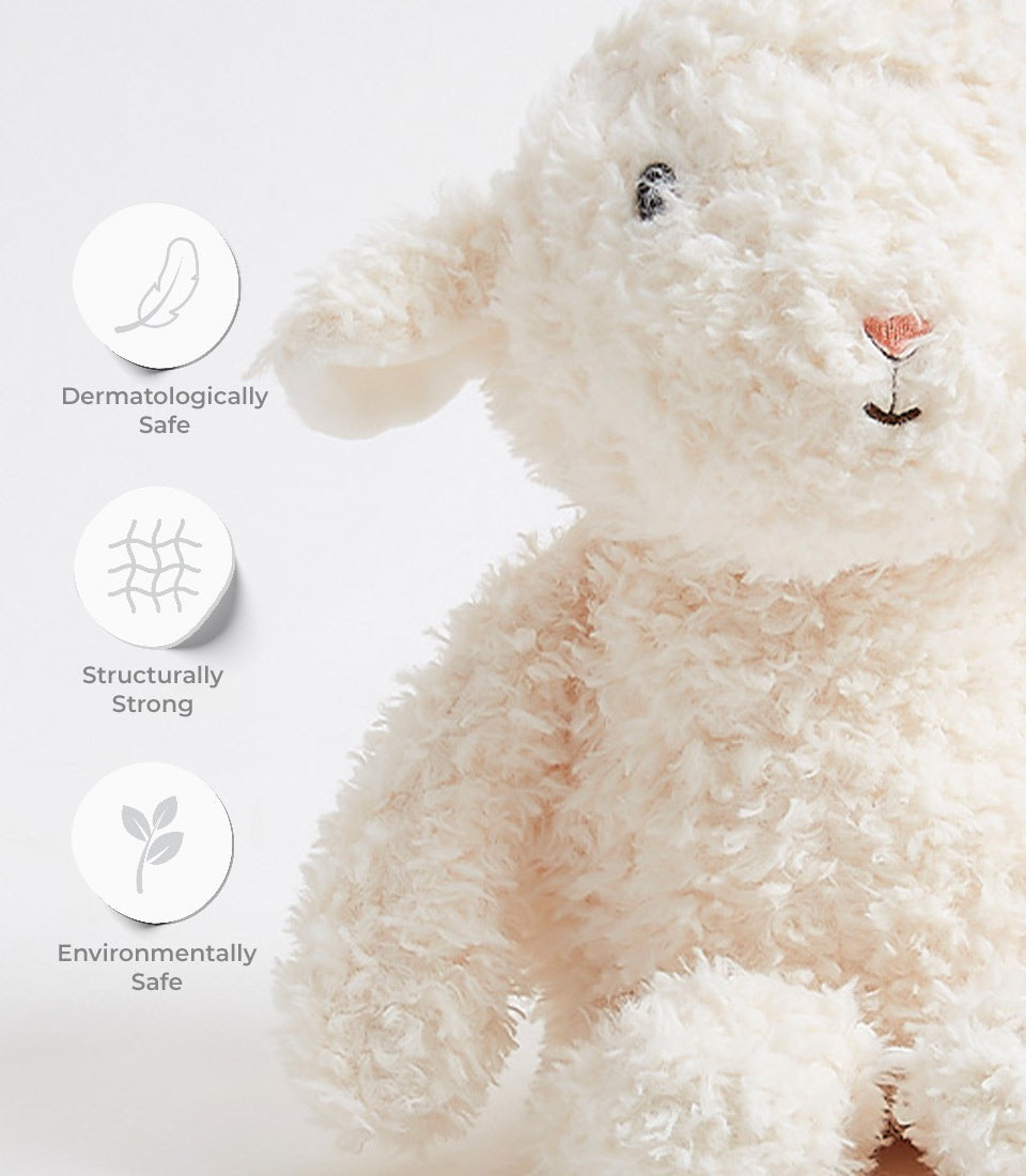 Fluffy cream wool sheep soft toy with dermatologically safe, structurally strong, and environmentally safe features
