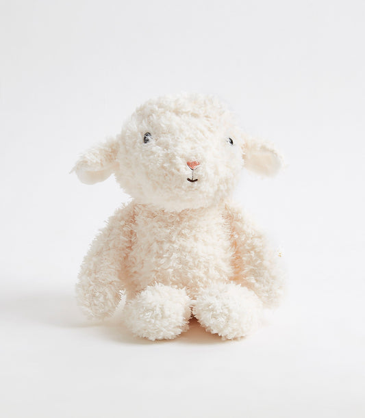 Fluffy white wool-textured plush lamb with embroidered face, perfect for babies and kids