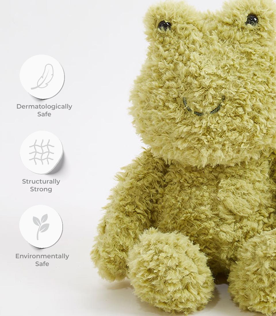 Green plush frog soft toy with shaggy texture, dermatologically safe and structurally strong for babies and kids
