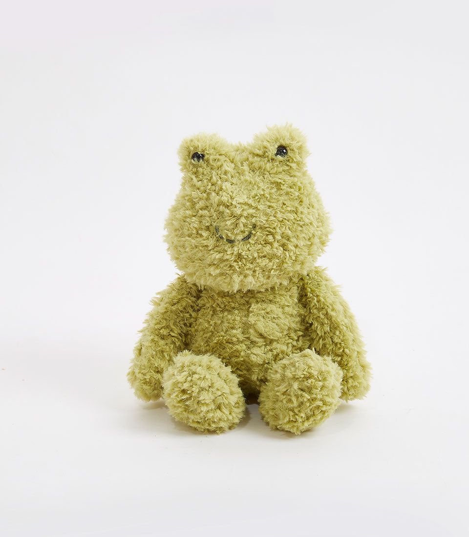 Soft plush green frog with fluffy shaggy texture and embroidered smile, perfect cuddly toy for babies and kids