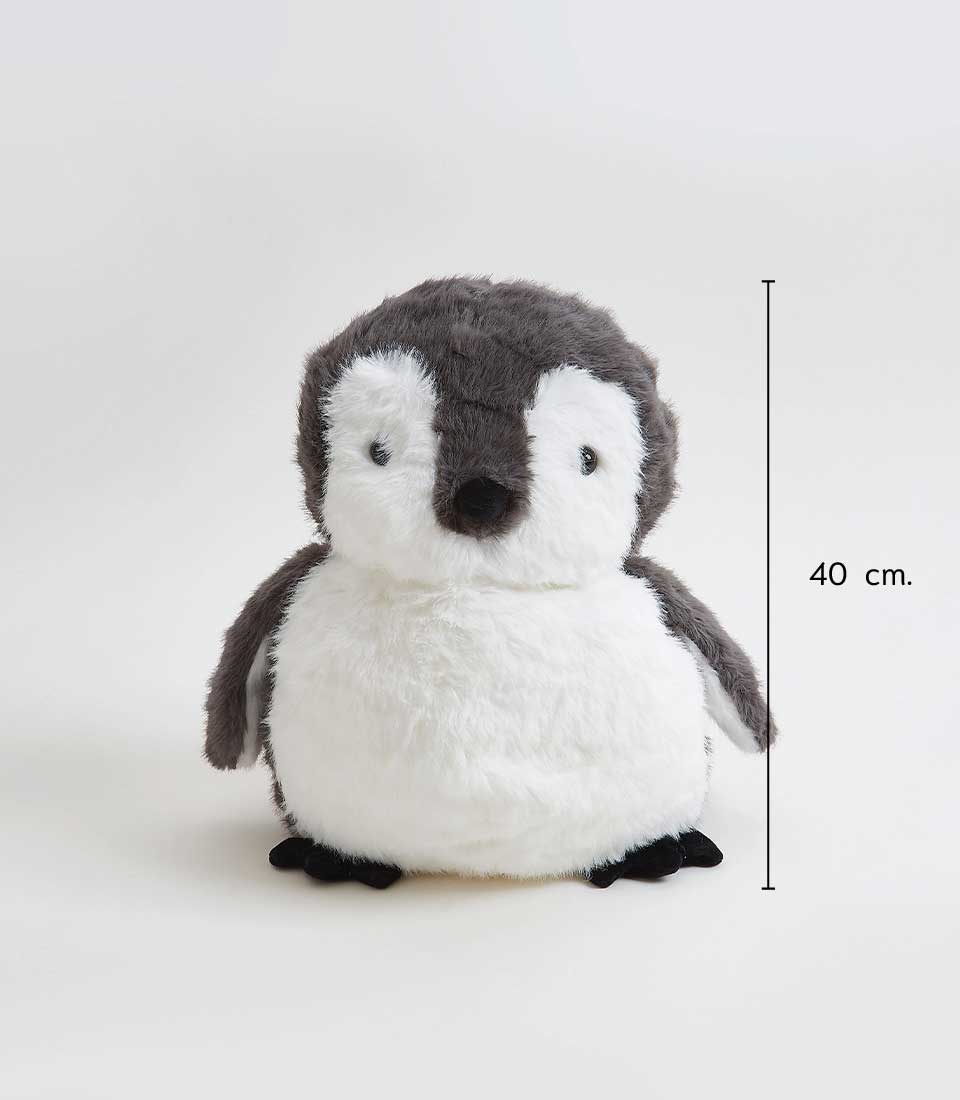 Fluffy baby penguin plush toy with grey and white fur, 40 cm soft toy for kids