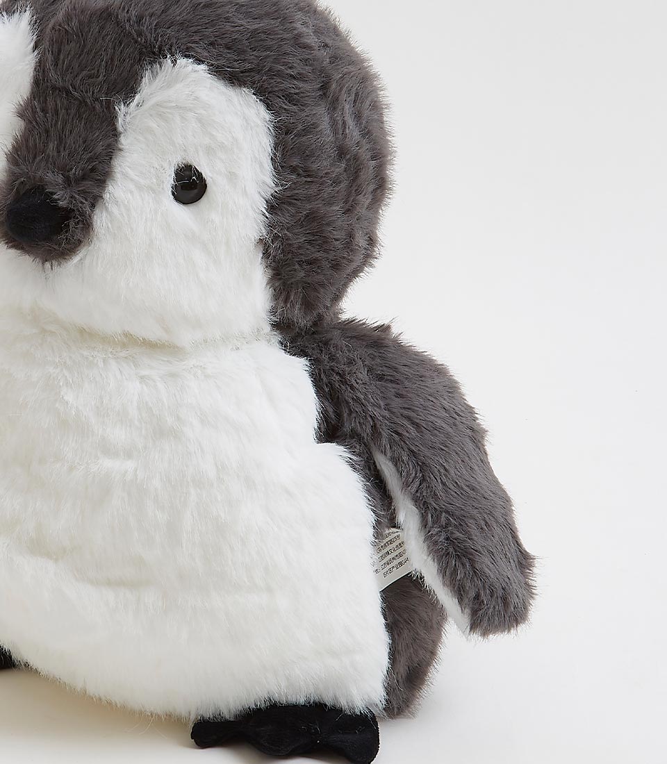 Soft grey and white baby penguin plush toy with black eyes and beak, perfect for kids and little ones