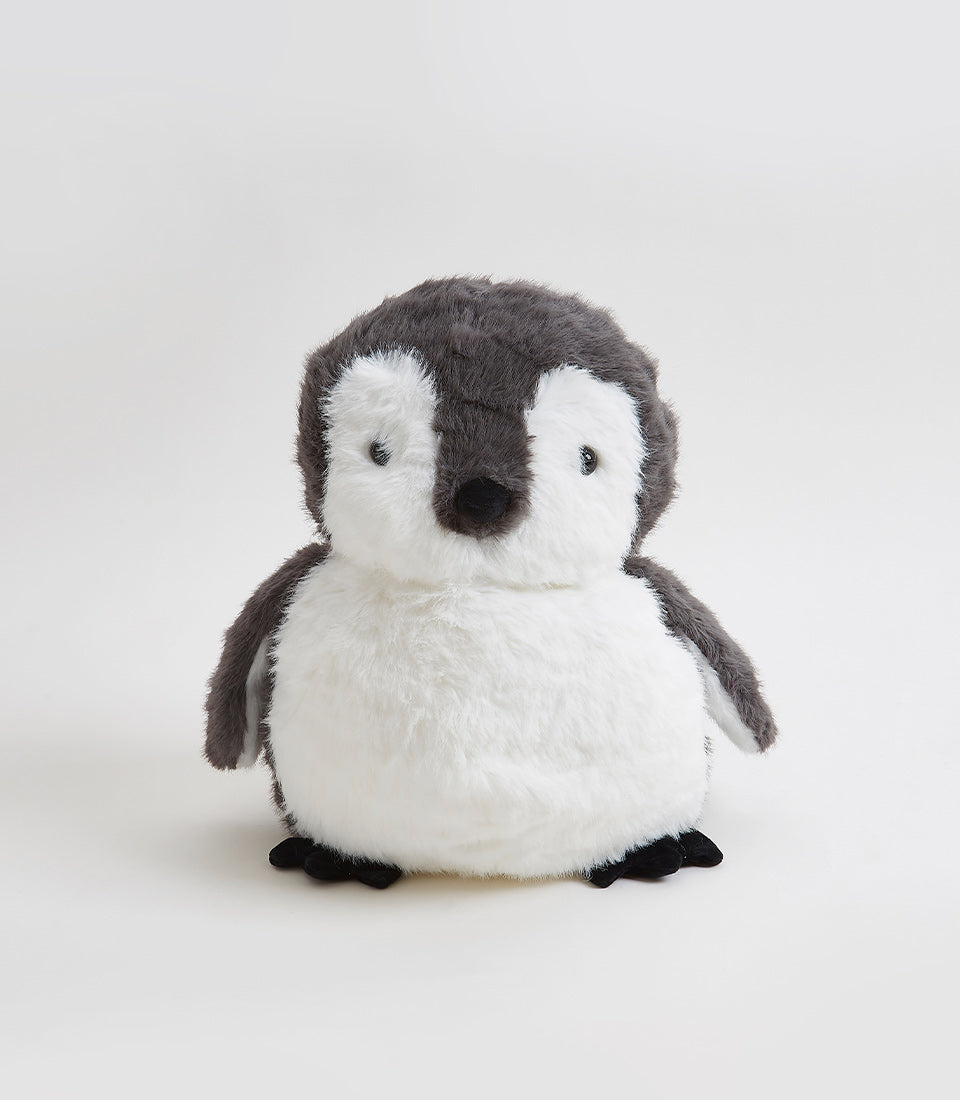 Soft plush penguin toy with grey and white fleece, perfect for baby gifts and kids' collections