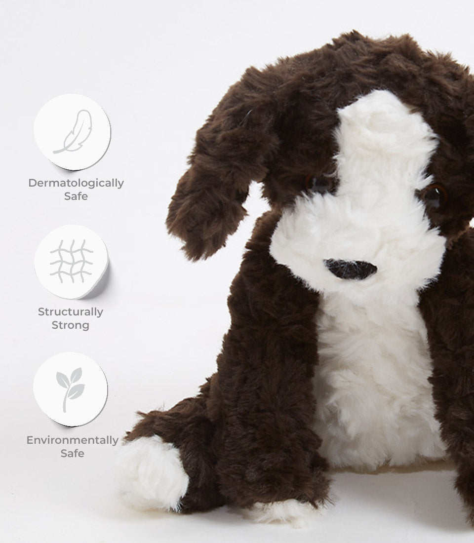 Brown and white puppy plush toy with safety certifications, ideal for babies and children