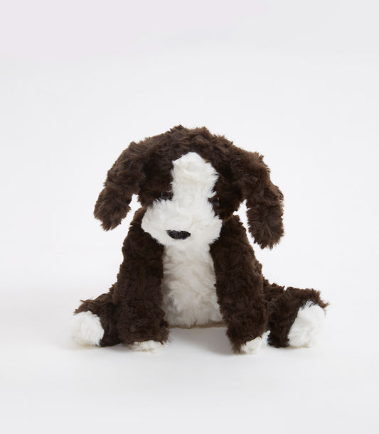 Brown and white plush puppy with floppy ears, soft cuddly toy for babies and kids