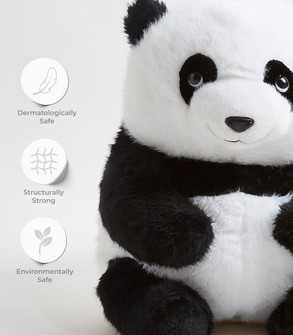 Soft black and white panda plush toy for kids, dermatologically safe and eco-friendly