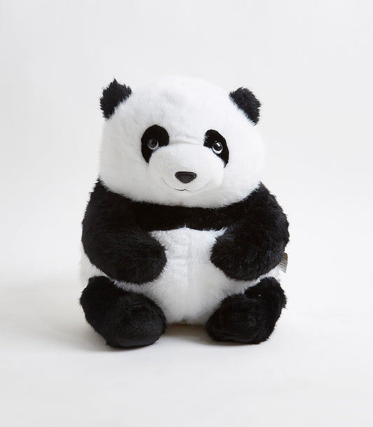 Soft plush panda toy in black and white with stitched smile, ideal for kids' gifts