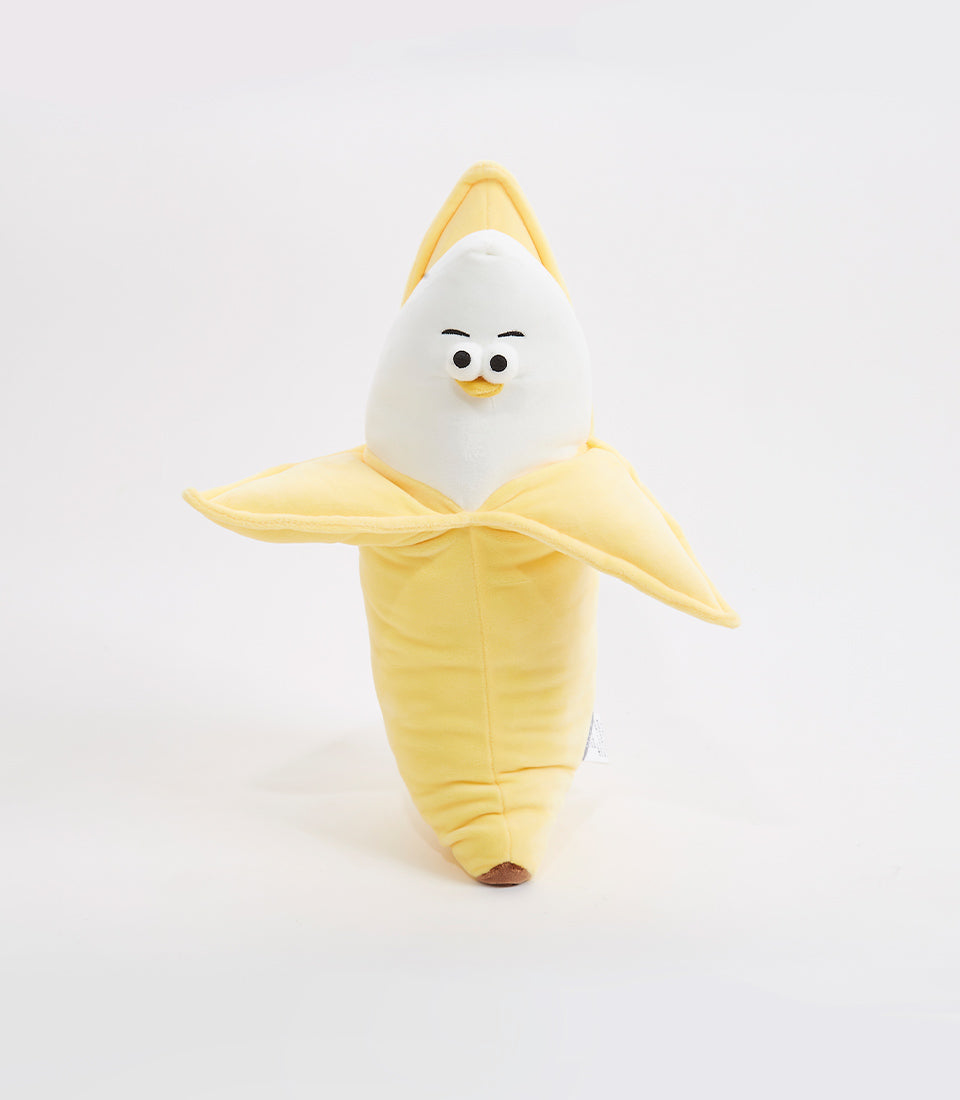 Soft yellow plush banana toy with peeled peel design and embroidered face for babies and kids