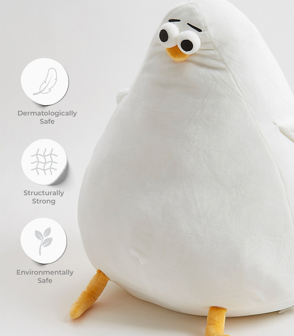 Plush white Oddy soft toy bird with yellow feet and beak, dermatologically safe and eco-friendly for kids