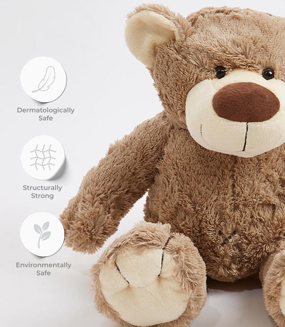 Soft brown plush teddy bear with embroidered features and dermatologically safe, eco-friendly materials