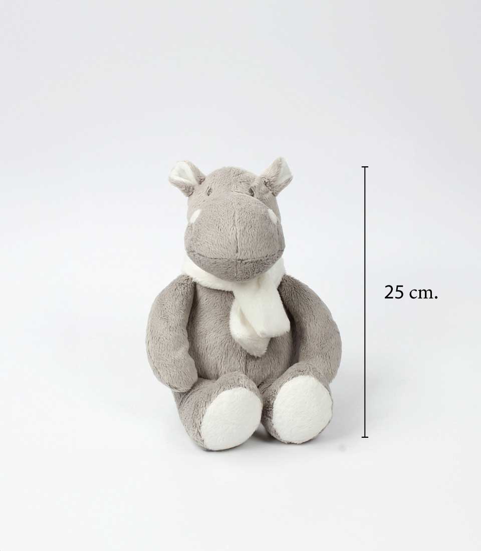 Soft grey plush hippo toy with white scarf, 25cm newborn gift for babies