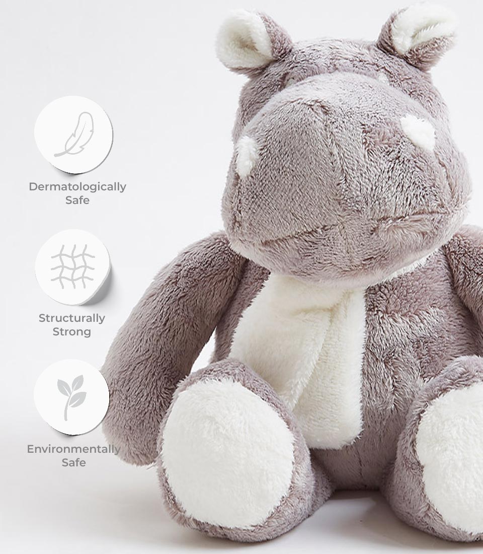 Soft grey plush hippo toy with white scarf and safety certifications for babies and kids