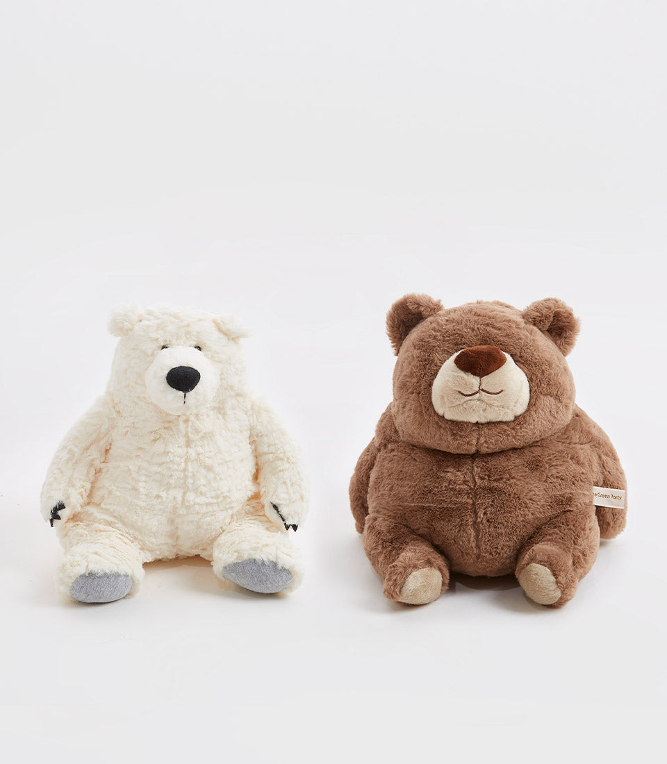 Creamy white polar bear and shaggy brown bear plush toy duo, soft faux fur with embroidered details