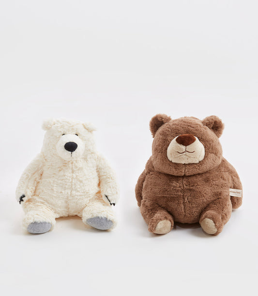 Creamy white polar bear and shaggy brown bear plush toy duo, soft faux fur with embroidered details