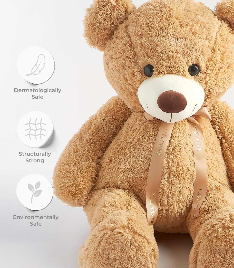 Light brown plush teddy bears set with satin ribbon bow, dermatologically safe soft toys for Valentine's Day gifts