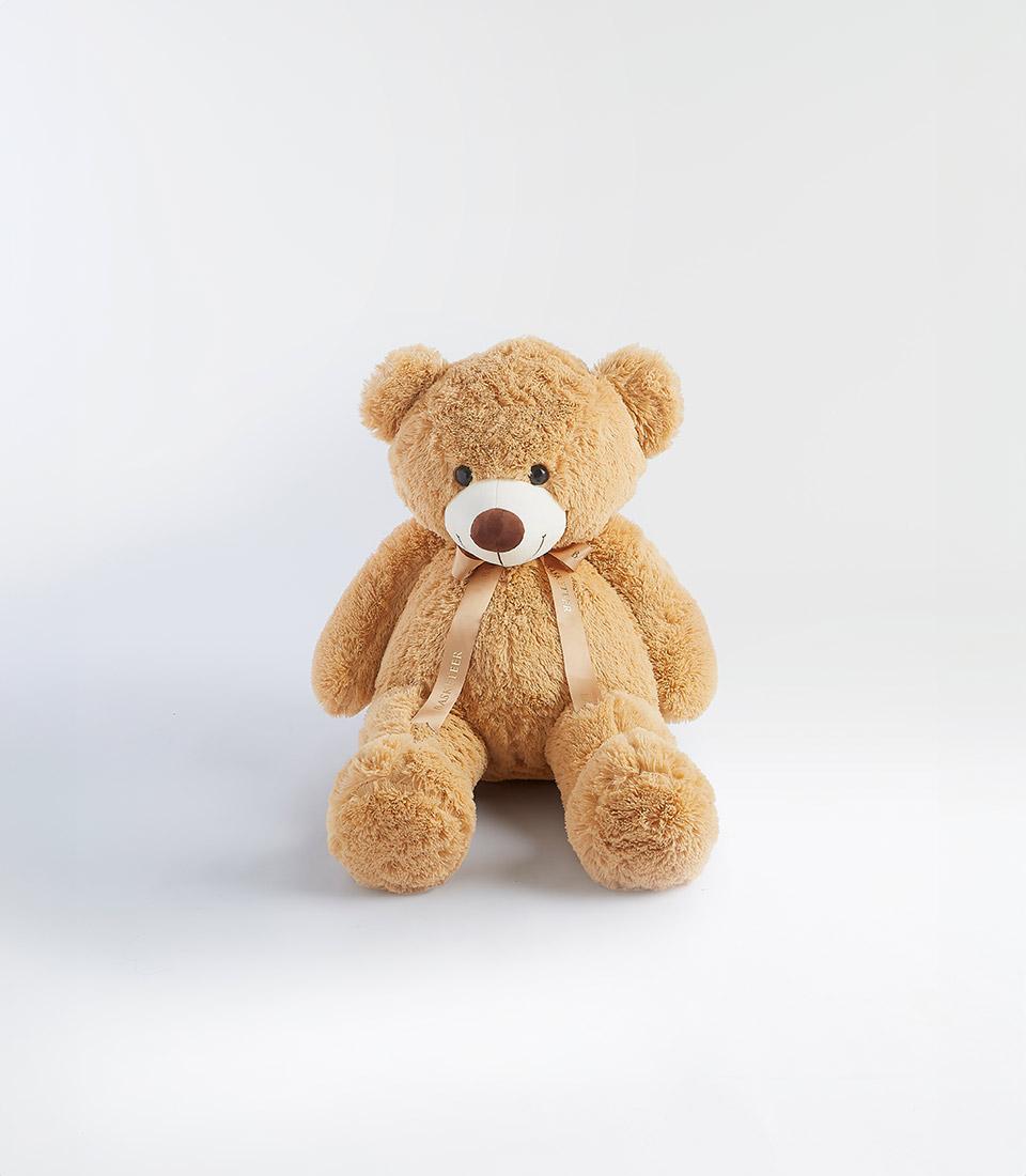 Cuddly light brown teddy bear with satin ribbon bow, perfect Valentine's gift for kids