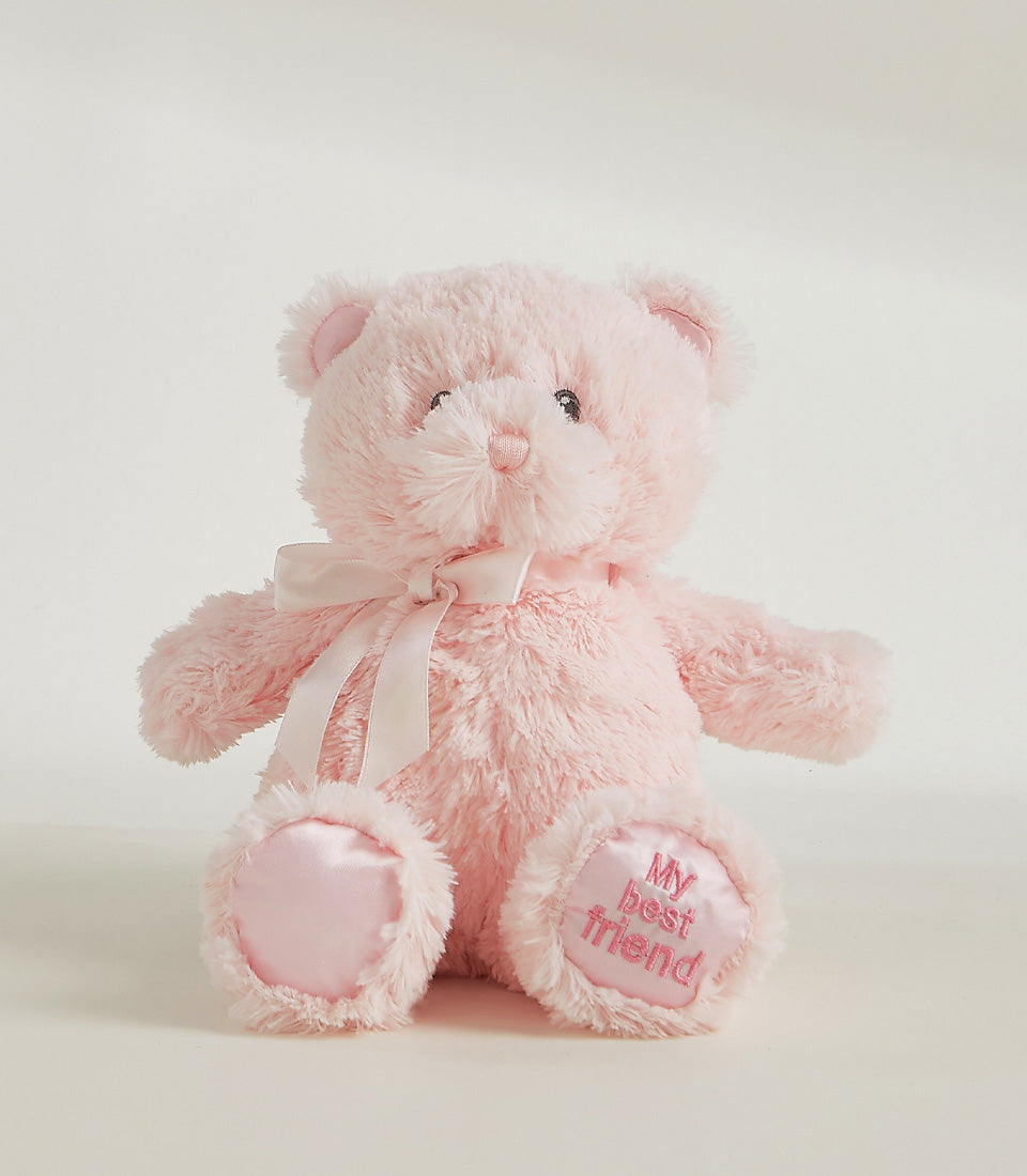 Soft pink plush teddy bear with satin ribbon bow and embroidered paw message, perfect for baby gifts