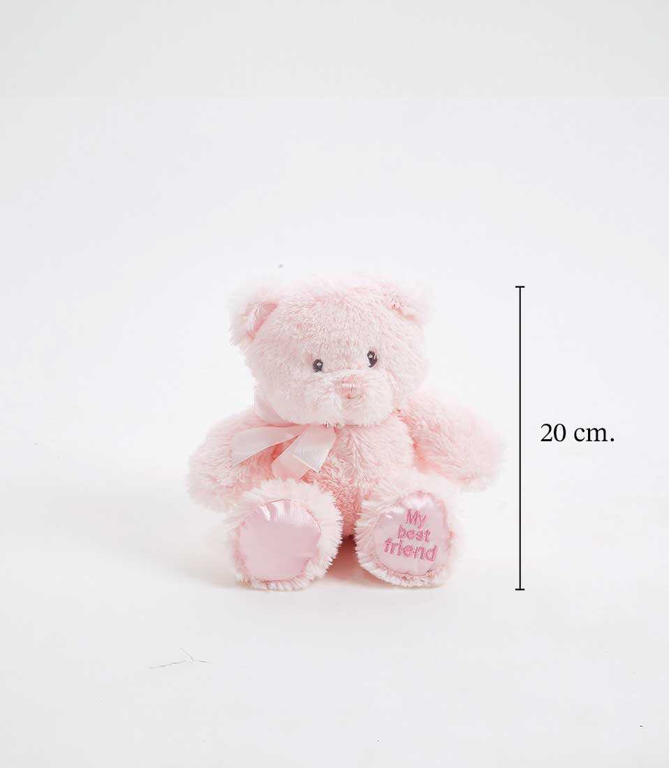 Light pink plush teddy bear with satin bow, 20cm soft toy for babies and kids