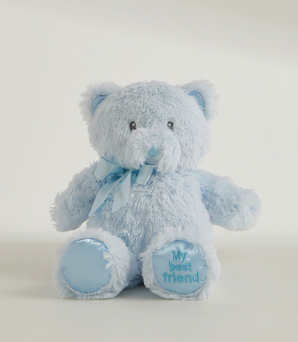 Light blue plush teddy bear with satin bow and embroidered "My best friend" detail, perfect for baby gifts