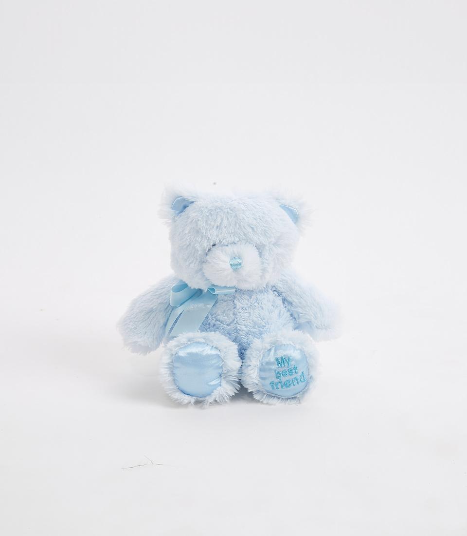 Soft blue plush teddy bear with ribbon bow for newborn baby boy gifts