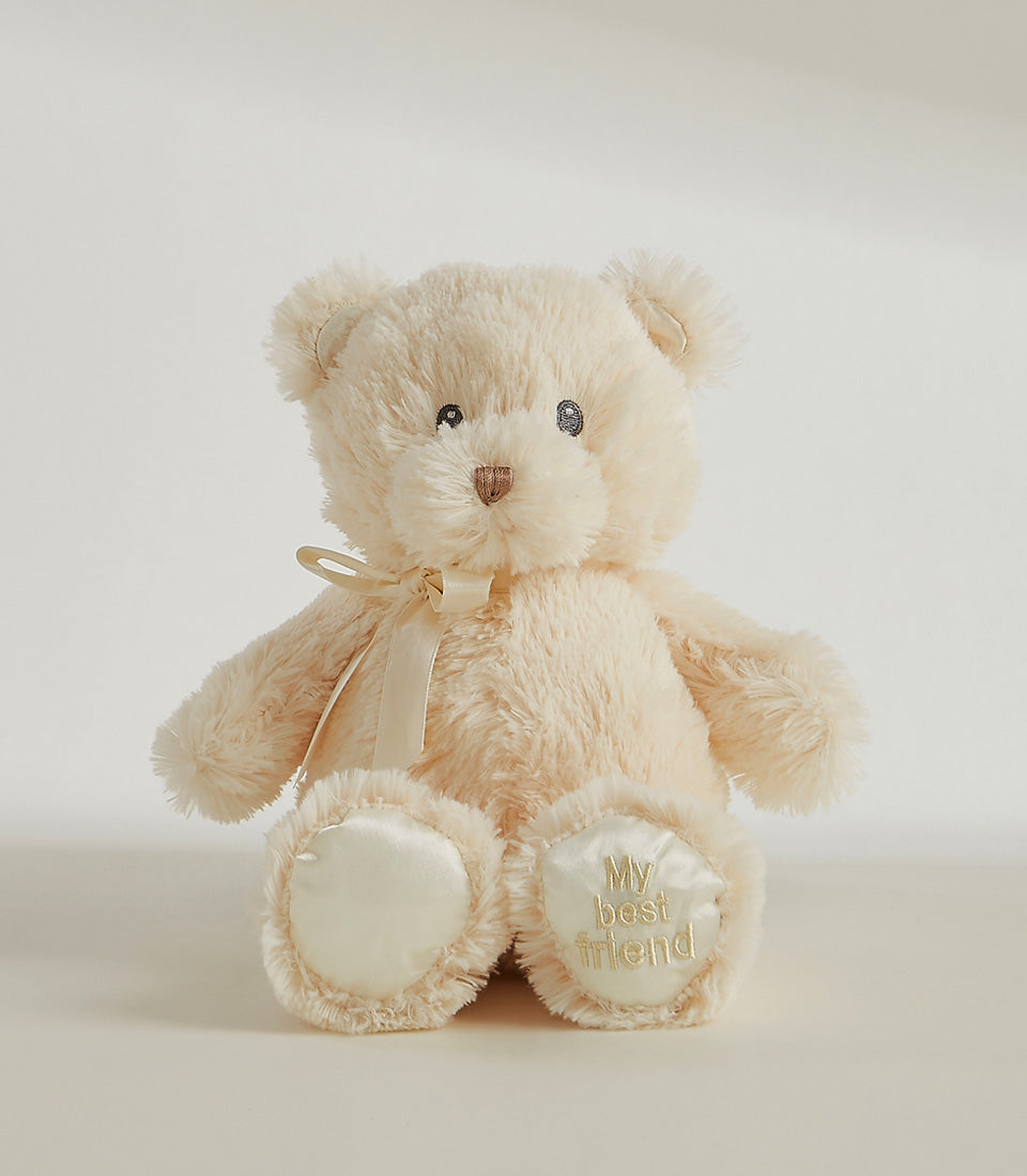 Cream plush teddy bear with satin bow and embroidered "My best friend" detail
