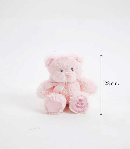 Soft pink plush teddy bear with ribbon bow and embroidered message, new baby girl gift