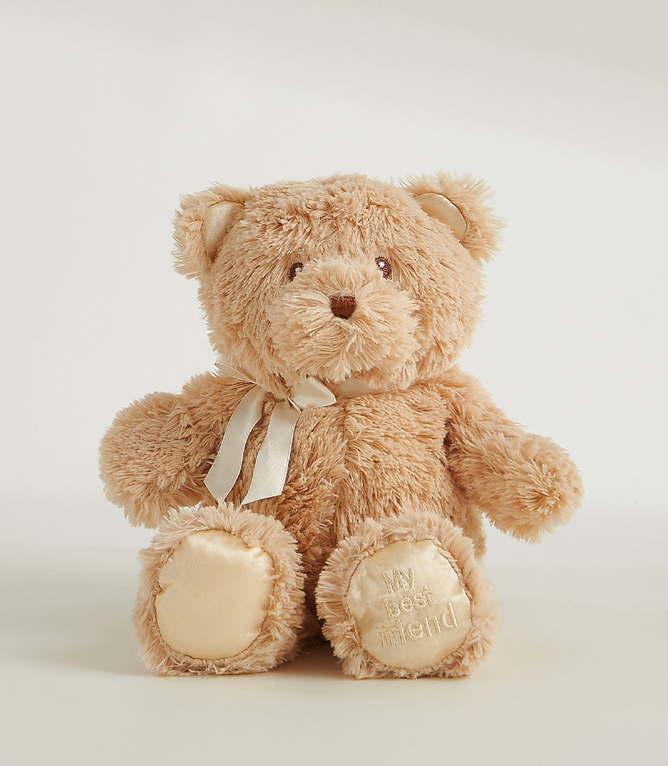 Soft light brown teddy bear with cream satin bow and embroidered "My best friend" detail on paw