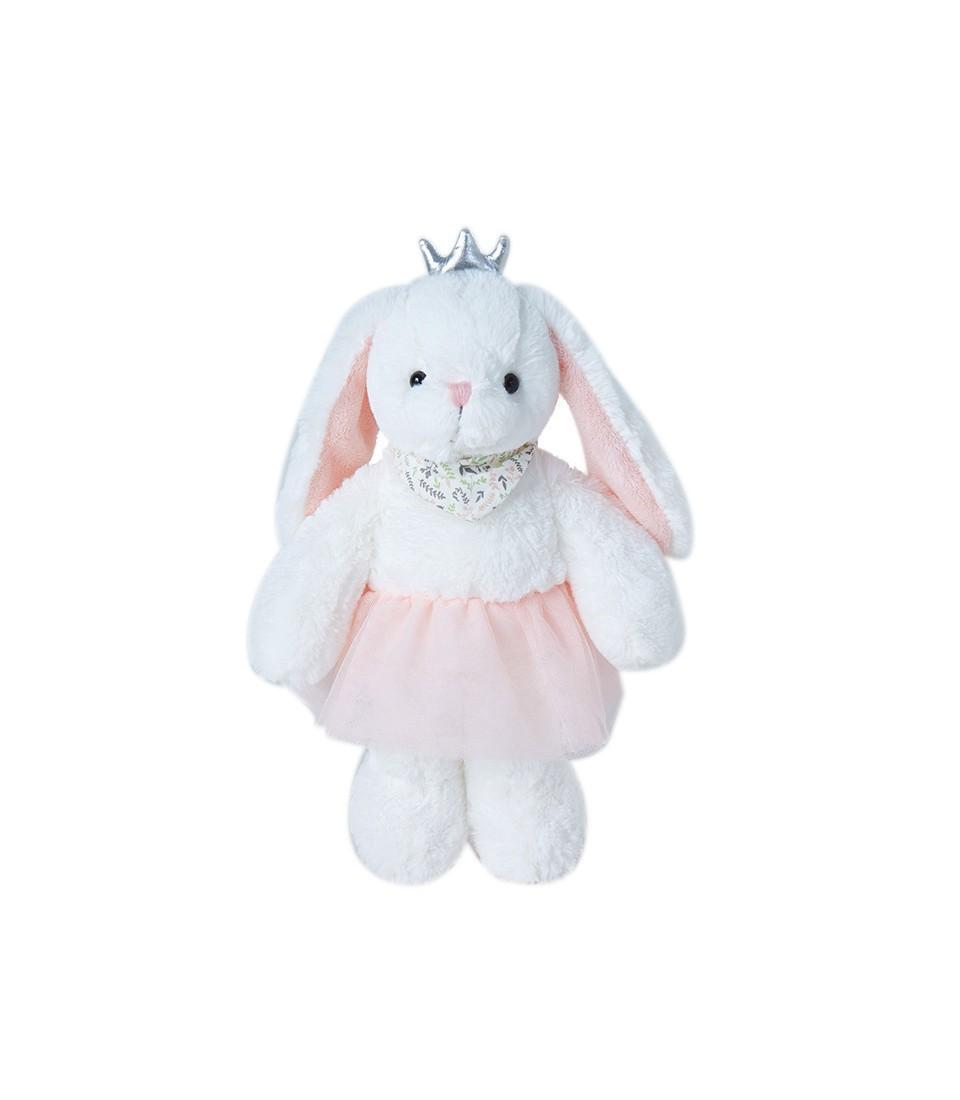 White plush bunny toy with silver crown, pink tutu, and leaf-patterned bandana for kids