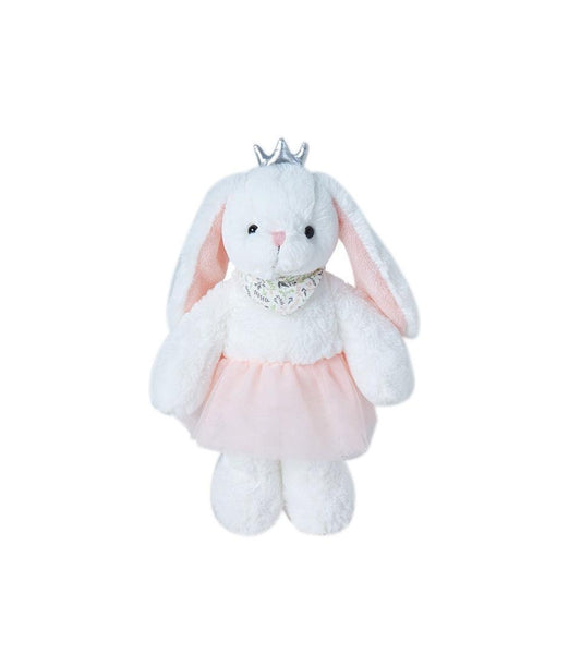 White plush bunny toy with silver crown, pink tutu, and leaf-patterned bandana for kids