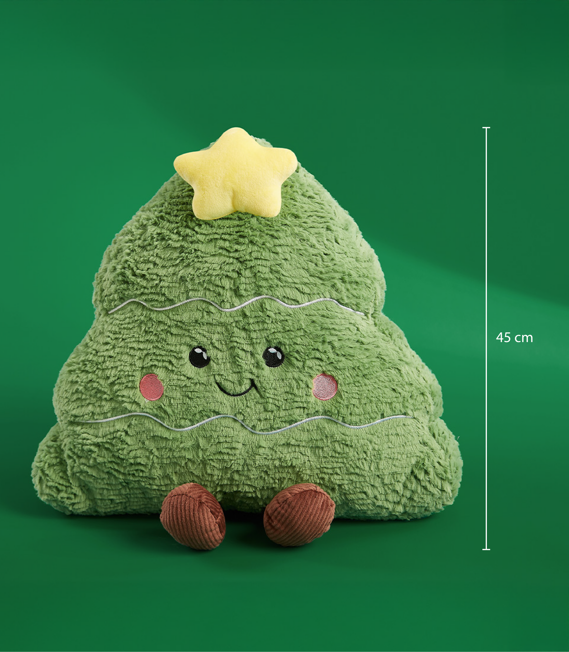 Soft plush Christmas tree toy with yellow star, embroidered smile, and rosy cheeks, 45cm height